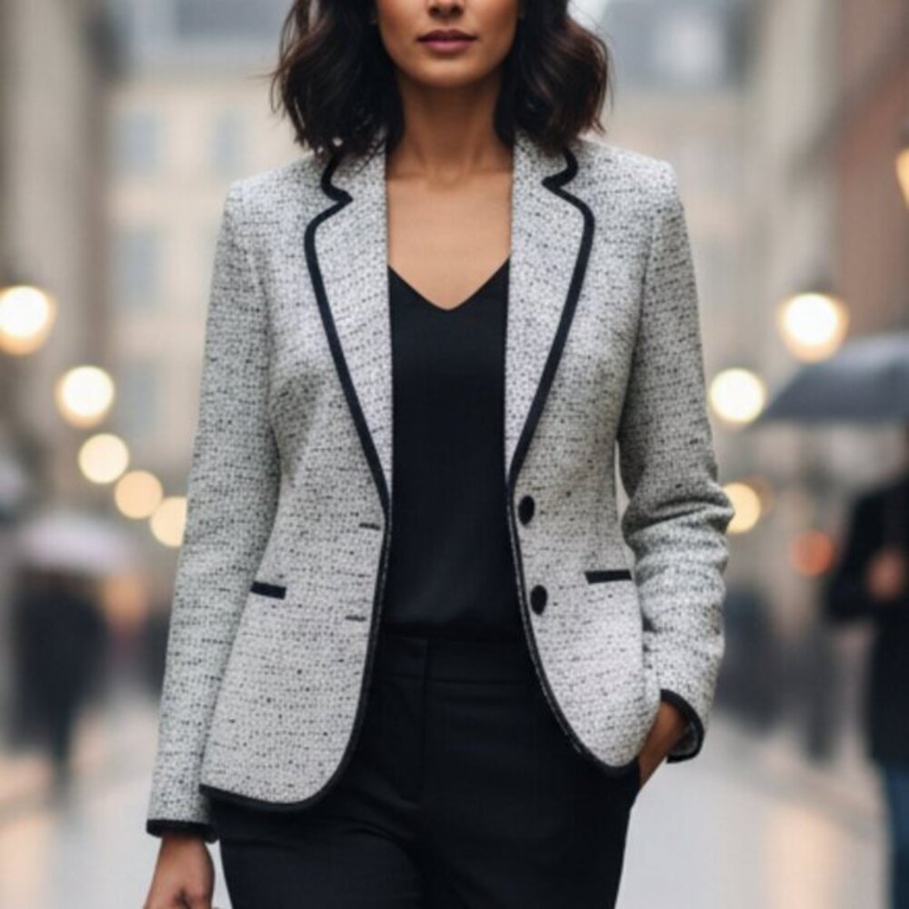 Hobbs London Contrasting Piping Blazer Jacket in Gray/Navy Blue Size 10